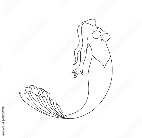 Vector isolated one single swimming beautiful mermaid girl woman with fish tail colorless black and white contour line easy drawing
