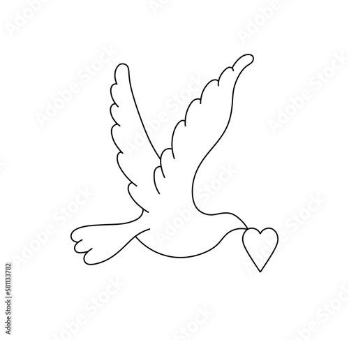 Vector isolated one single simple flying bird pigeon dove with heart in beak colorless black and white contour line easy drawing