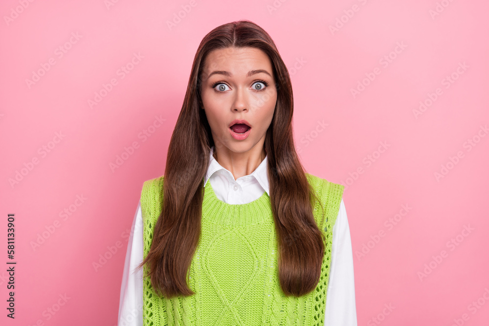 Photo of anxious embarrassed stressed depressed lady wear stylish outfit crazy news sale discounts isolated on pink color background - obrazy, fototapety, plakaty 