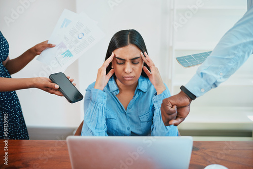 Photography Young business woman stressed, concept of demanding coworkers deadlines pressure