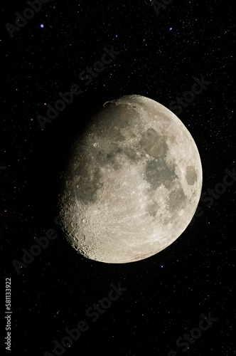 Moon on the starry sky close-up. 10 lunar day. Composite image, photograph of stars obtained by a separate photo