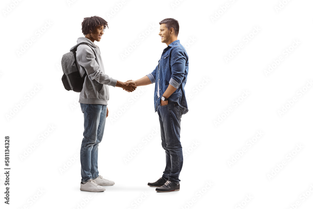 Full length profile shot of an african american male student and a caucasian man shaking hands