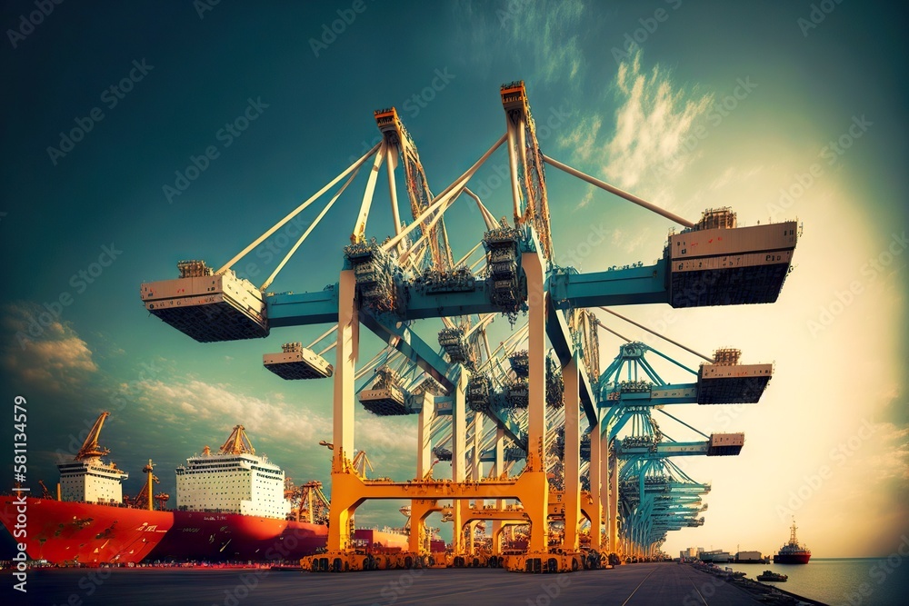 large cranes with booms in cargo port load container on board vessel ...