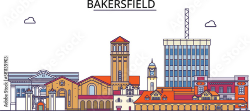 United States, Bakersfield City tourism landmarks, vector city travel illustration