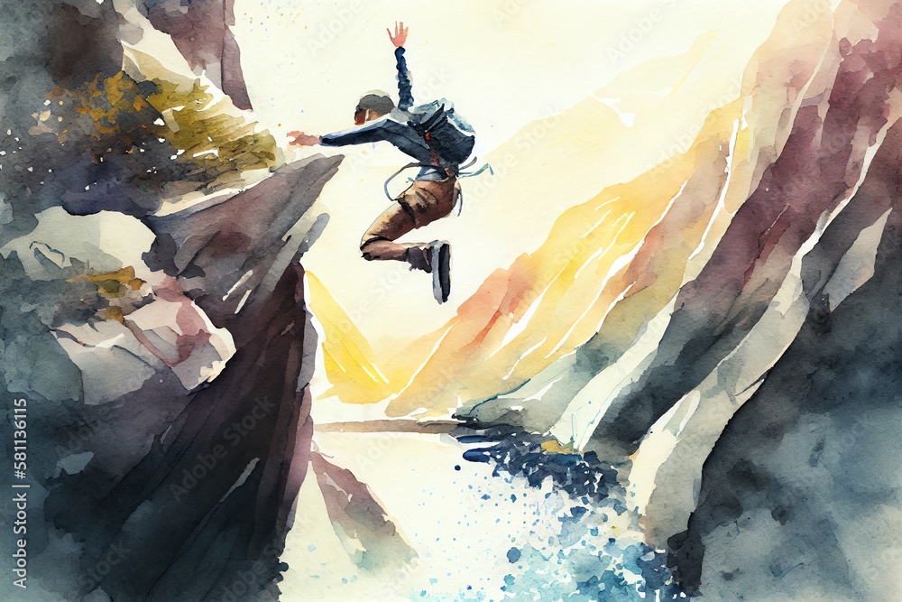 Watercolor Illustration of a Extreme Athlete Jumps From A Cliff Canyon In A Mountainous Area With A River At The Bottom. Generative AI
