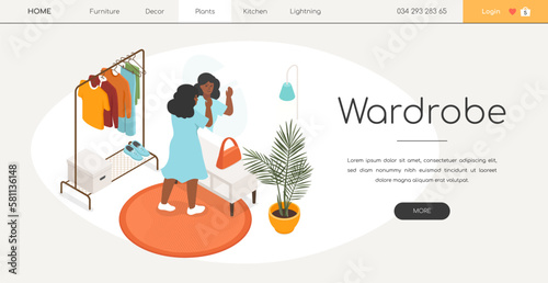 Wardrobe and clothes - modern colored isometric web banner