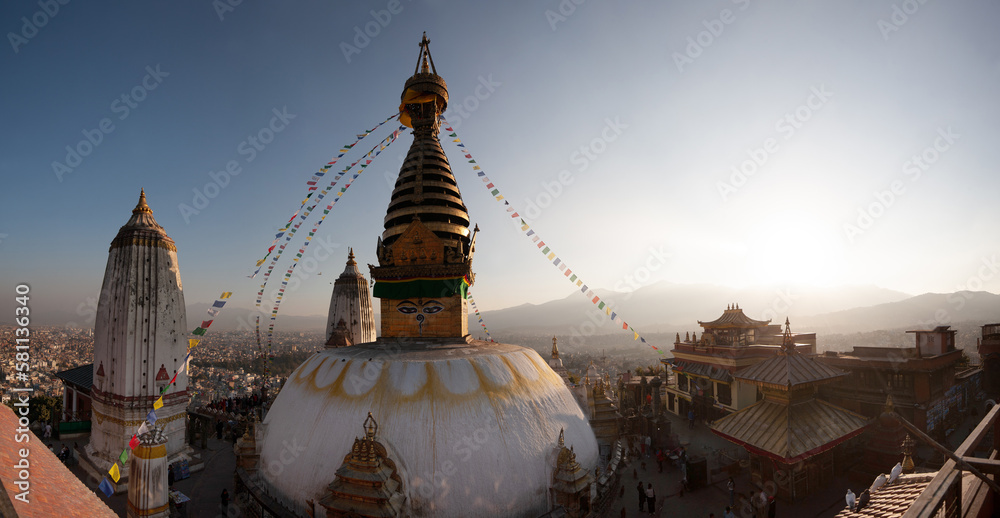 Swayambhunath, is an ancient religious complex atop a hill in the Kathmandu Valley, Nepal. The Tibetan name for the site means 'Sublime Trees'