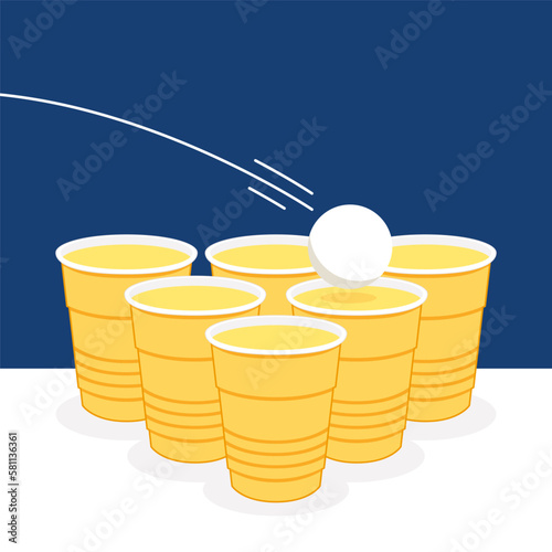 Yellow beer cup. Cup vector.  wallpaper. Vector Illustration of Beer Pong shot with Pingpong ball.
