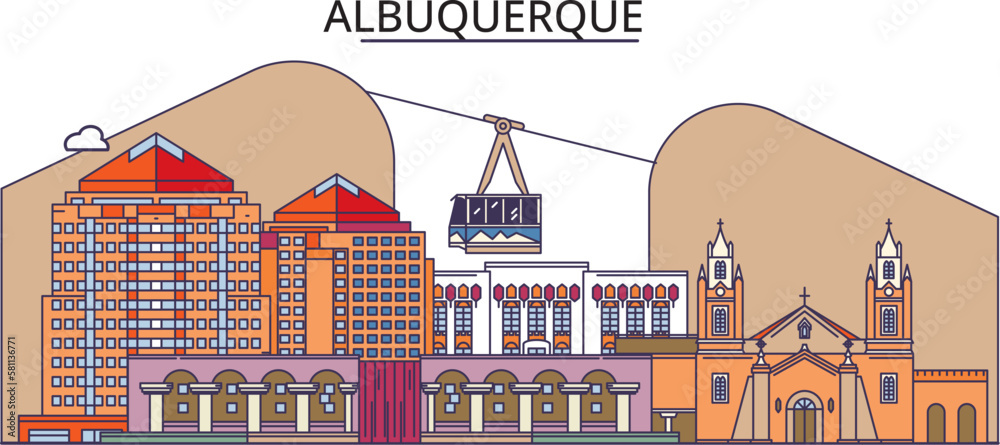 United States, Albuquerque City (2) tourism landmarks, vector city travel illustration