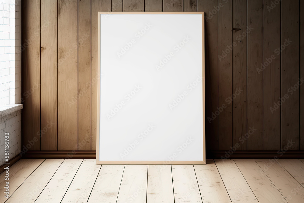 Blank white picture/art frame leaning against a wooden wall. Mock up template for Design or product placement created using generative AI tools