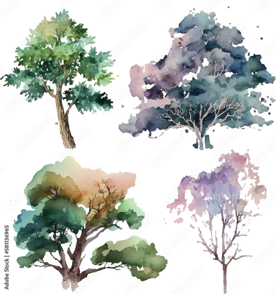 Watercolor trees collection. Set of Vector trees. Forest tree pack