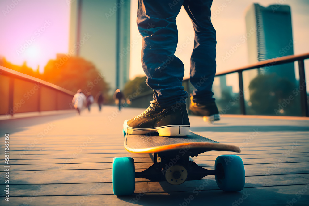 Fototapeta premium Skateboarder legs skateboarding at skate park on the background of the sidewalk of the city street. Generative AI