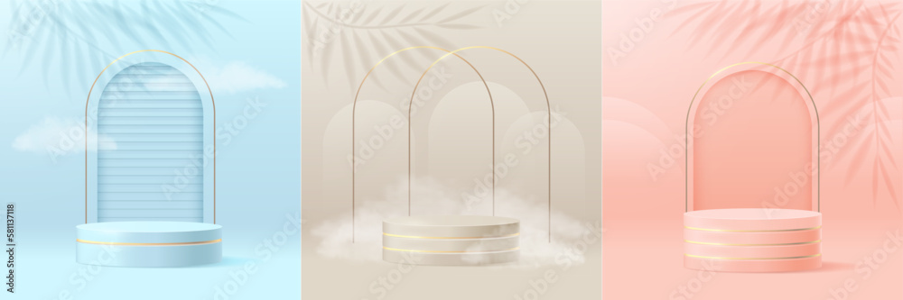 A set of modern 3d platforms in pink, beige and blue with a golden arched window. Realistic vector backgrounds with podium scenes with white clouds for cosmetic product display A set of modern 3d platforms in pink, beige and blue with a golden arched window. Realistic vector backgrounds with podium scenes with white clouds for cosmetic product display