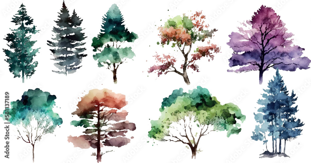 Watercolor trees collection. Set of Vector trees. Forest tree pack