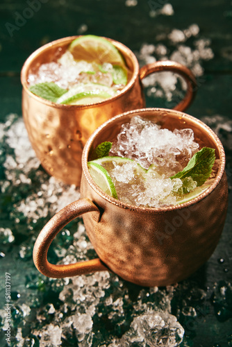 Moscow mule cocktail in copper mugs