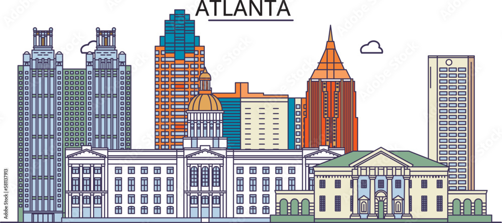 United States, Atlanta City (2) tourism landmarks, vector city travel illustration