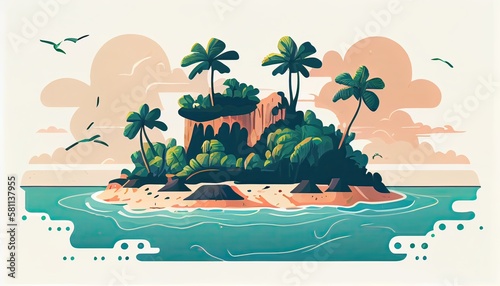 Summer travel adventure flat landscape. Sea island background. Enjoy the summer travel postcard. Summertime holiday voyage concept. Generative Ai