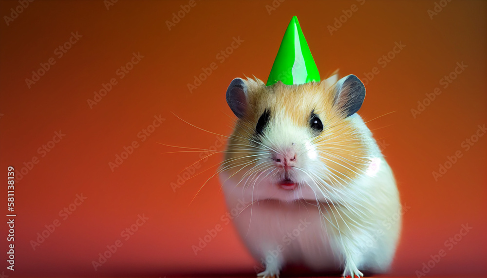 Hamster with birthday hat green background, copy space, Generative AI
