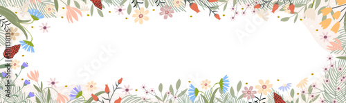 Spring banner floral decoration with cute multicolored blooming flowers .border on white background.Vector horizontal banner Summer flora frame, Beautiful botanical for Mother day,Womens Day,Valentine