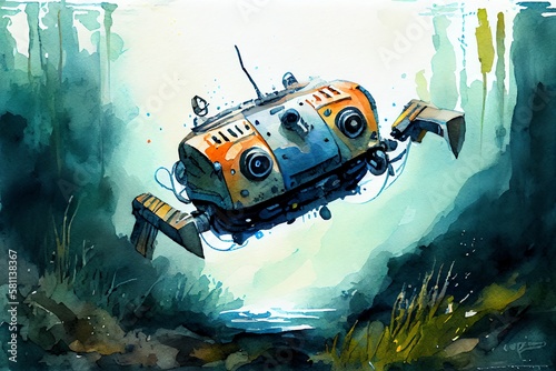 Watercolor Illustration of a Underwater Robot Drone. Generative AI © Pixel Matrix