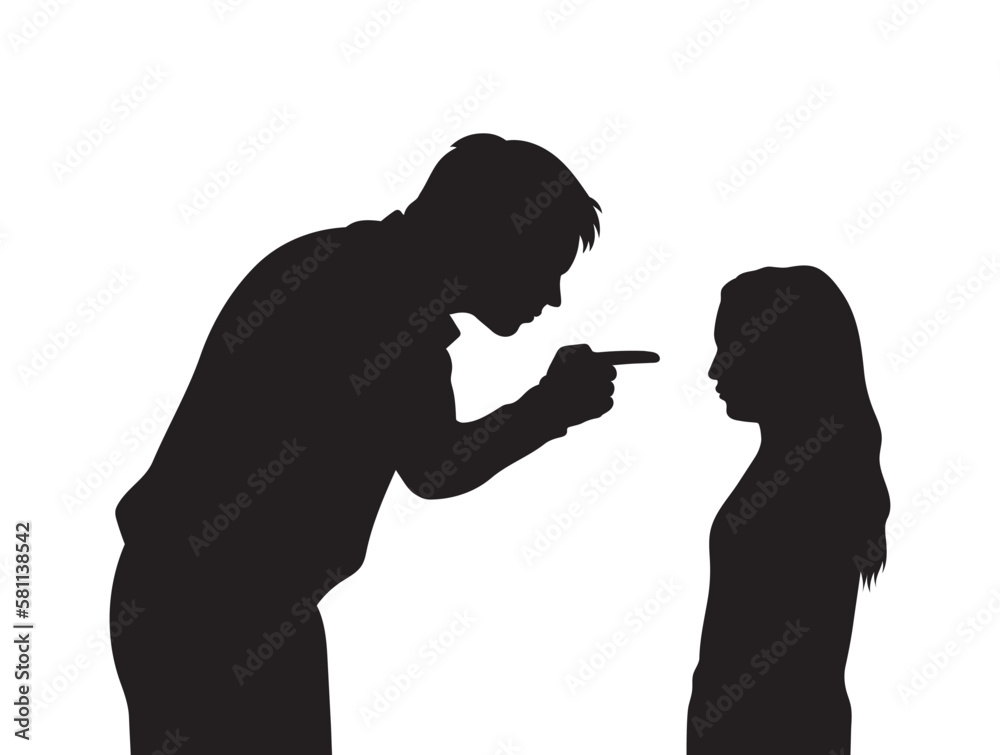 Father scolding his daughter vector silhouette.