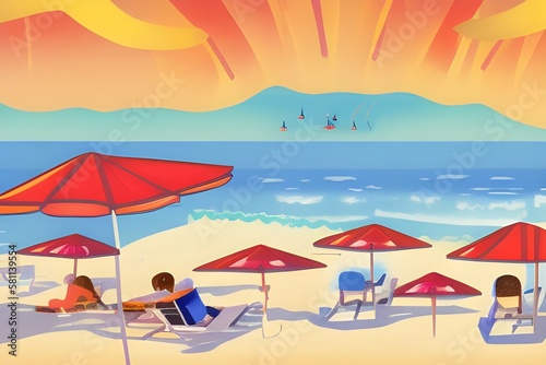Menschen am Strand mit Sonnenschirmen im Urlaubsfeeling  farbenfroh  generative AI