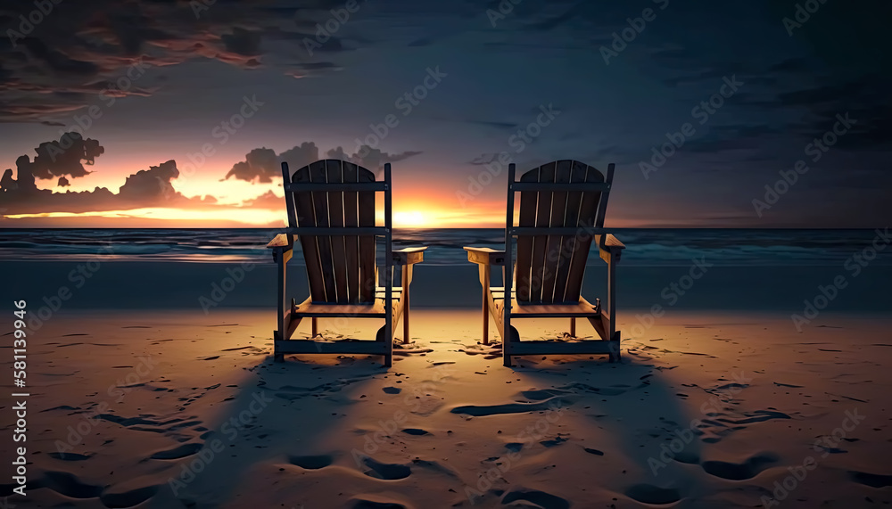 Two empty beach chairs at the sunset on an isolated beach towards the ocean. - Serene, tranquil, meditative, reflection, 