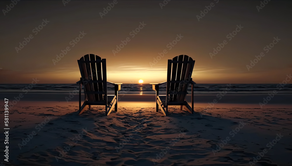 Two empty beach chairs at the sunset on an isolated beach towards the ocean. - Serene, tranquil, meditative, reflection, 