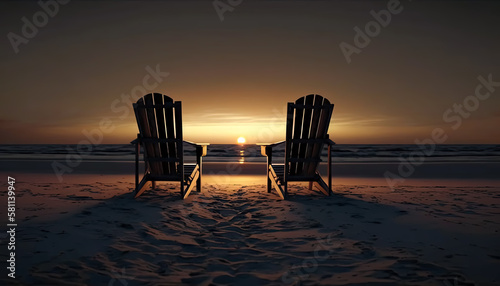 Two empty beach chairs at the sunset on an isolated beach towards the ocean. - Serene, tranquil, meditative, reflection,  © Saulo Collado