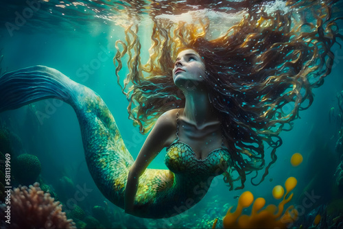 Fotografia Beautiful mermaid girl with red long curly hair swims underwater in the ocean in a coral reef