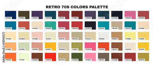 Retro color guide palette in trendy 70s style. Color palette with code.Vector illustration