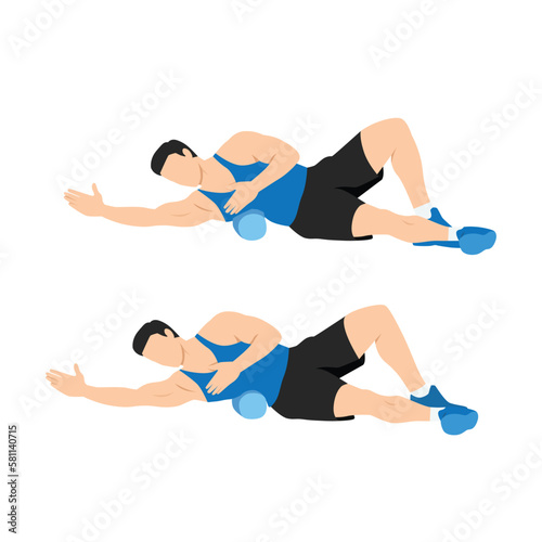 Man doing foam roller lat stretch exercise.