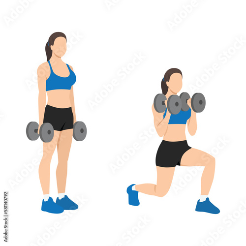 Woman doing Lunging. Lunge with bicep hammer curls exercise