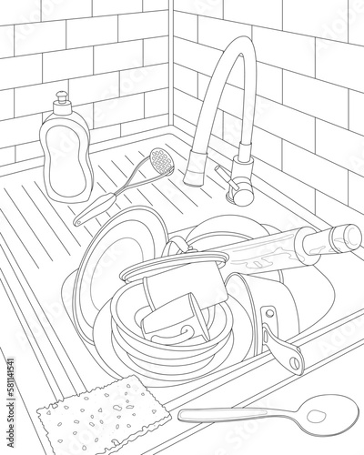 Dirty dishes. Plates, cups, stewpan in the sink.Black and white vector illustration.