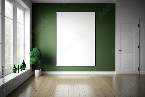 Blank white picture art frame in a light and modern living room. Mock up template for Design or product placement created using generative AI tools