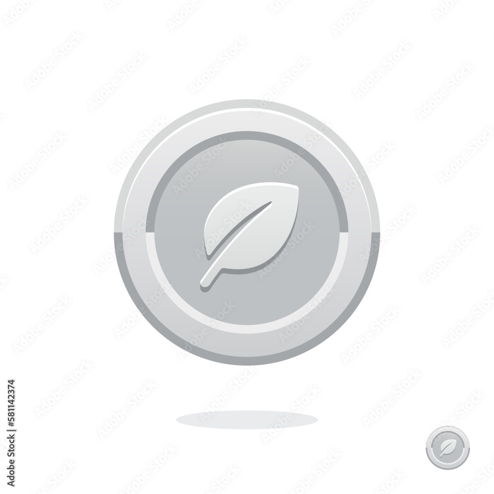 Silver game coin. Silver coin with leaf. Coin icon. Money symbol. Treasure sign. Silver leaf. Eco market. Cash money. Graphic user interface design element. Game purchases. Financial. Game elements. Silver game coin. Silver coin with leaf. Coin icon. Money symbol. Treasure sign. Silver leaf. Eco market. Cash money. Graphic user interface design element. Game purchases. Financial. Game elements.