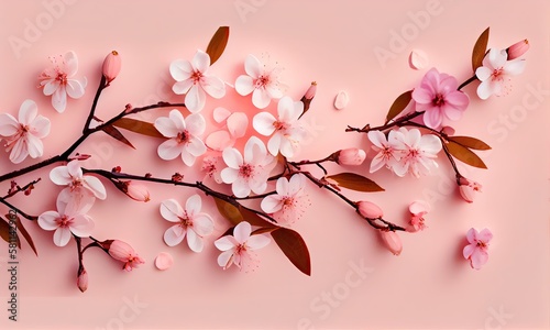 Dreamy cherry blossoms as a natural border on pink background. Cherry flowers in small clusters on a cherry tree branch on pink background with copyspace. Generative Ai