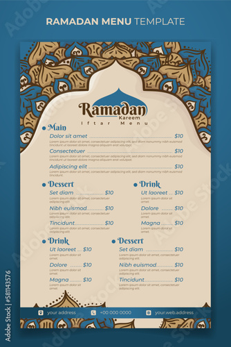 Ramadan iftar food menu template with hand drawn ornamental