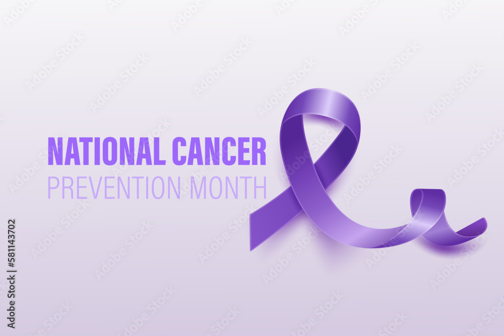 National Cancer Prevention Month Banner, Card, Placard with Vector 3d Realistic Lavender Ribbon on White Background. Cancer Prevention Awareness Month Symbol Closeup. World Cancer Day Concept National Cancer Prevention Month Banner, Card, Placard with Vector 3d Realistic Lavender Ribbon on White Background. Cancer Prevention Awareness Month Symbol Closeup. World Cancer Day Concept