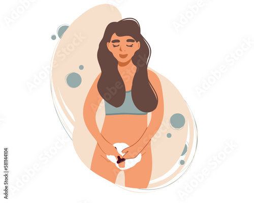 A young woman shaves her hair with a razor in her bikini area. A woman shaves her crotch. Flat vector illustration