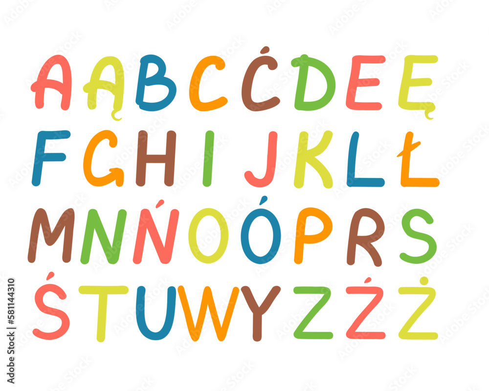 A set of cartoons in the Polish alphabet for a child. ABC. Translation: Letters of the alphabet. Design for typography, banners, cards and more. Flat vector style. A set of cartoons in the Polish alphabet for a child. ABC. Translation: Letters of the alphabet. Design for typography, banners, cards and more. Flat vector style.