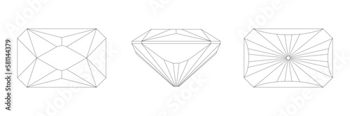 Top bottom and side view of diamond outline vector stock illustration. The cut, size, and shape of a precious stone from a multi-dimensional perspective.