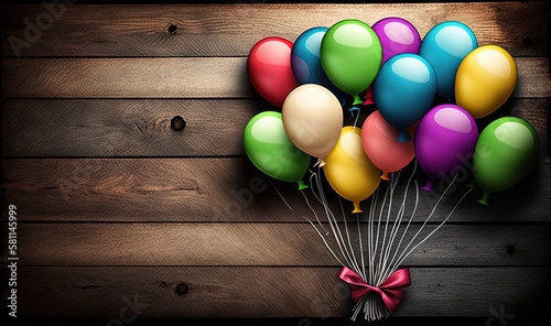  a bunch of colorful balloons with a pink bow on a wooden background with a black frame and a wooden plank wall behind it with a red ribbon on the bottom. generative ai