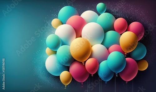  a bunch of balloons floating in the air on a dark background with a blue sky and stars in the background with a spray of paint on the balloons. generative ai