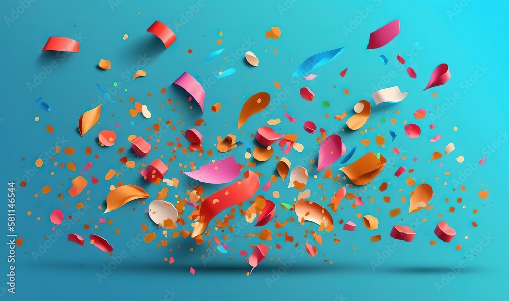  a blue background with colorful confetti and streamers of confetti on the left side of the image and a blue background with confetti on the right side.  generative ai