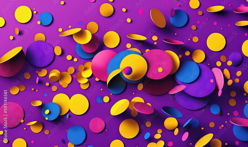 a purple background with yellow and purple circles and dots on it, and ...