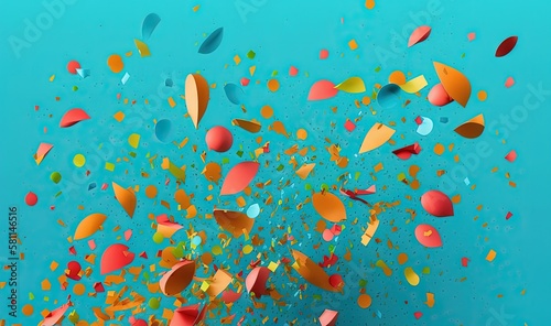 a group of colorful confetti on a blue background with confetti falling from the top of the confetti and on the bottom of the confetti. generative ai