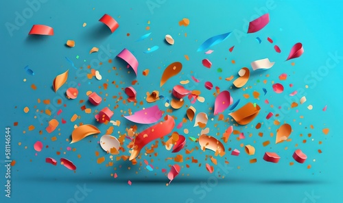  a blue background with colorful confetti and streamers of confetti on the left side of the image and a blue background with confetti on the right side. generative ai