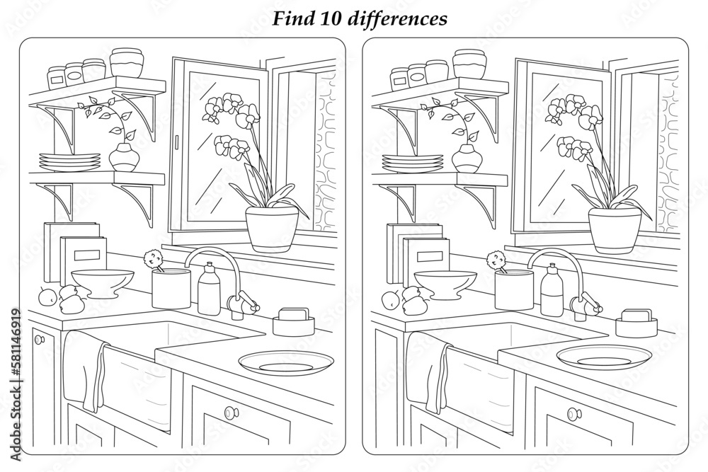 Find 10 differences. Household items in the interior of the kitchen. Black and white illustration. Coloring.