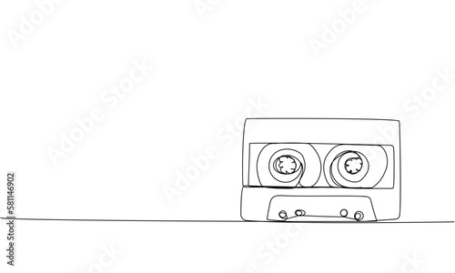 Audio cassette, tape one line art. Continuous line drawing of play, tape, song, cassette, audio, fix, group, classic, music, multimedia, strip, retro, reel, vintage, nostalgia, 80s, disco, 90s